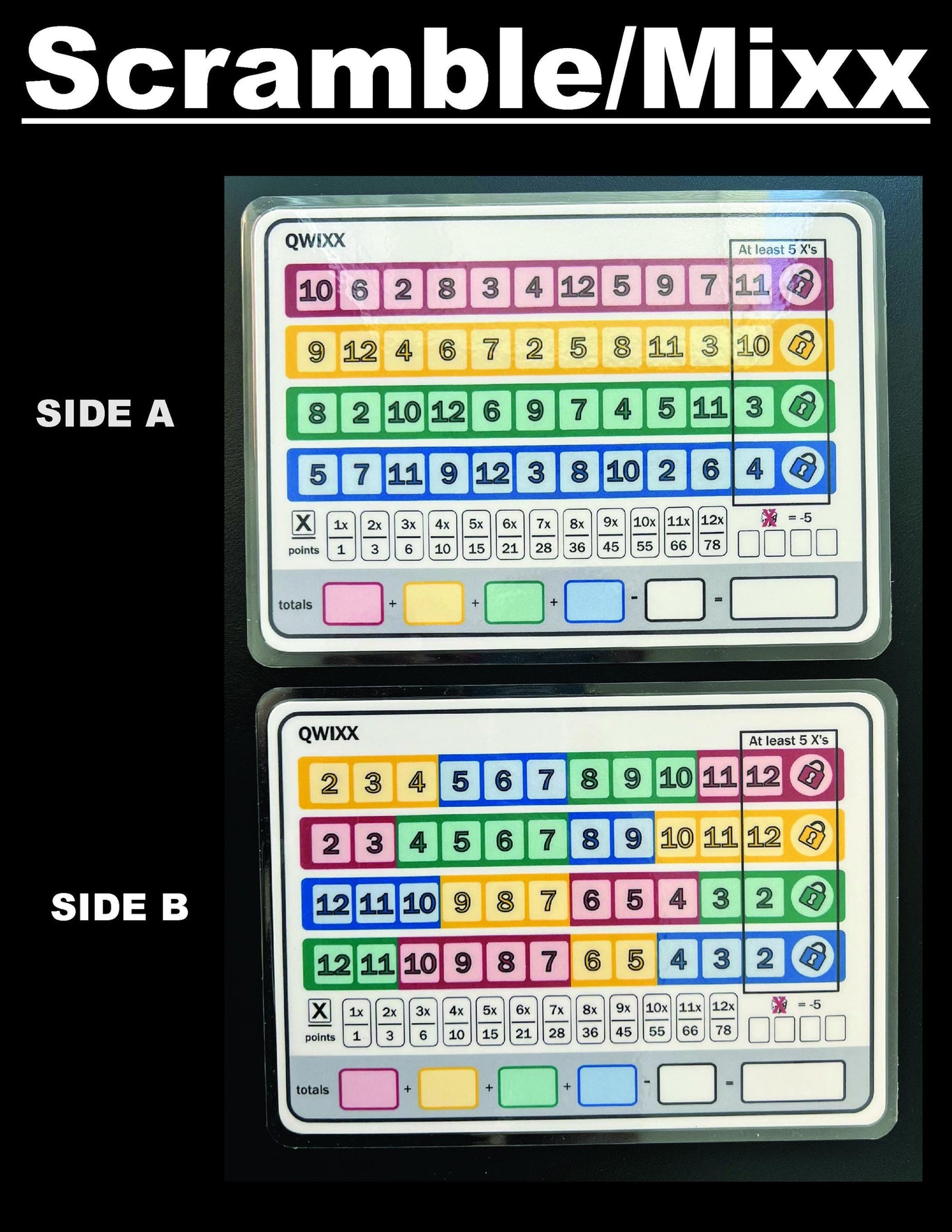 Qwixx scoresheet, dry erase, reusable, fun, double sided.