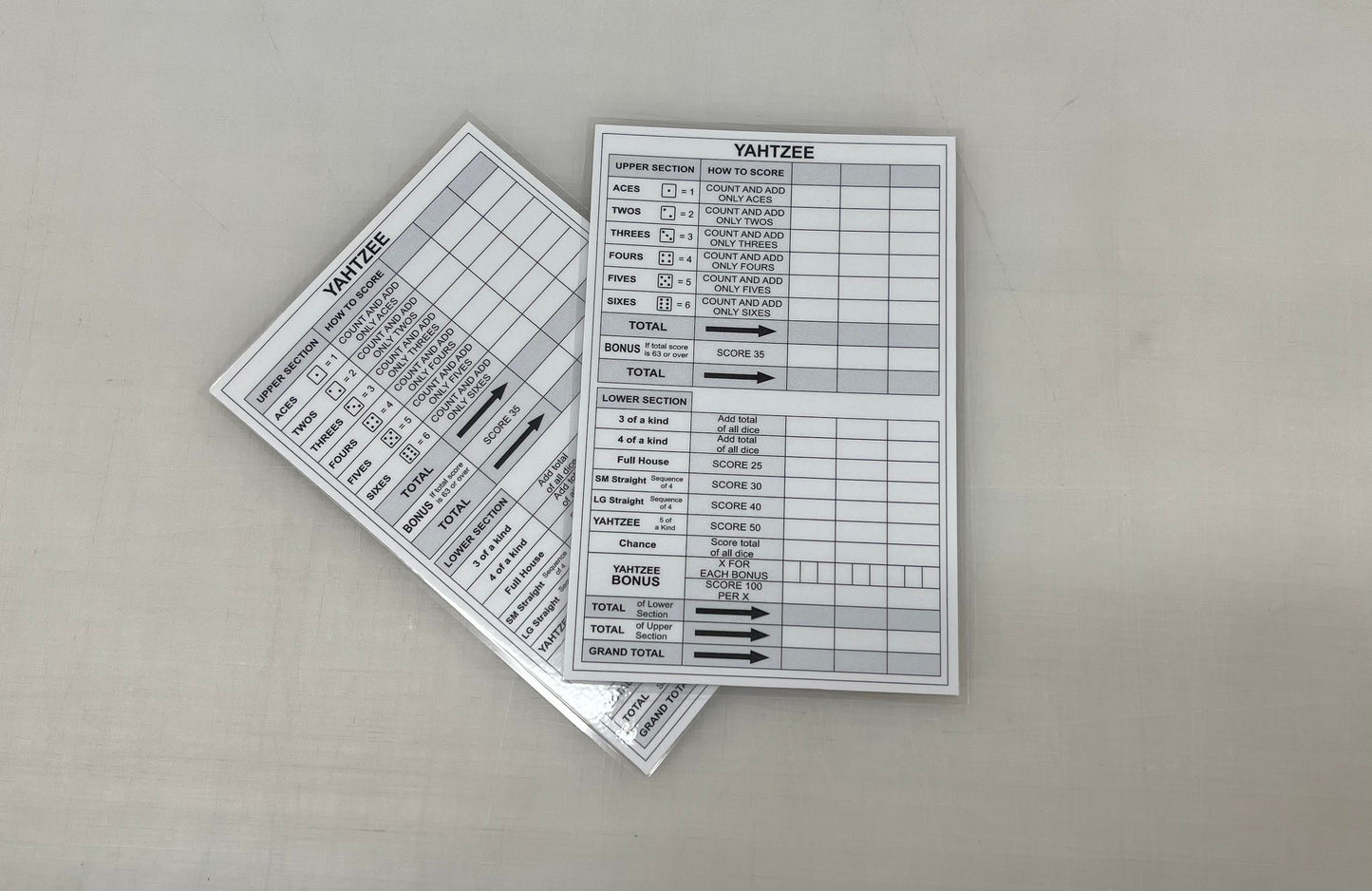 Yahtzee scoresheet, dry erase, reusable, fun, double sided.