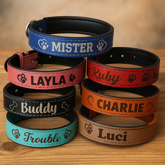 Personalized Dog Collar with Name - Laser engraved Leatherette Custom Pet Collar