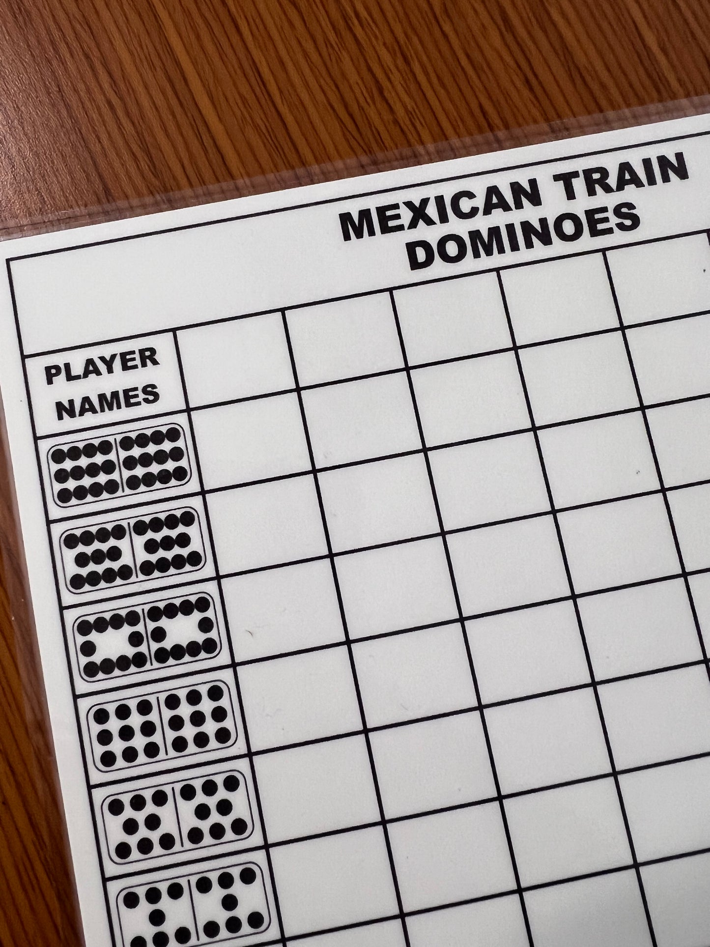 Mexican train dominoes scoresheet, dry erase, reusable, fun.