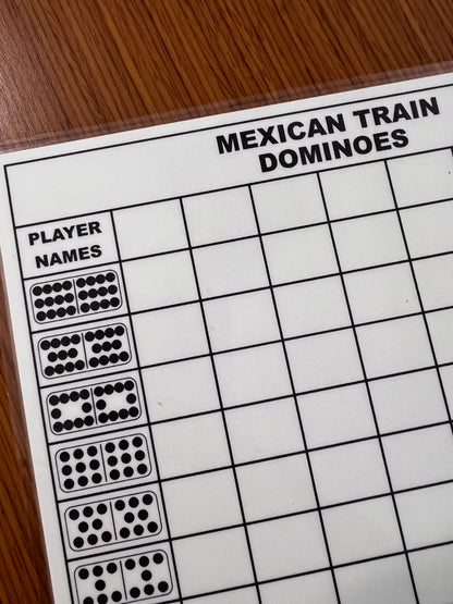Mexican train dominoes scoresheet, dry erase, reusable, fun.