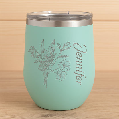 Personalized Wine Tumbler with Birth Flower & Name | Custom Engraved Stainless Steel Insulated Cup | Birthday, Bridesmaid, Wedding Gift