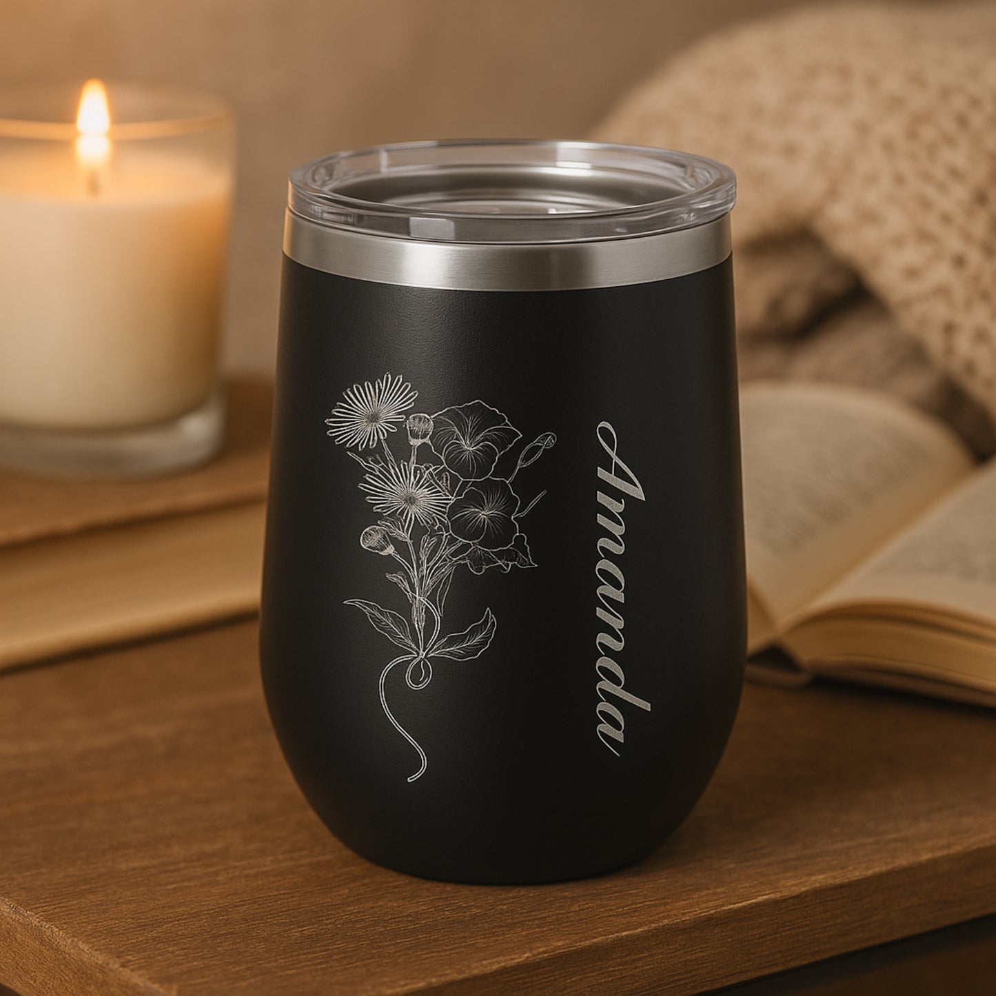 Personalized Wine Tumbler with Birth Flower & Name | Custom Engraved Stainless Steel Insulated Cup | Birthday, Bridesmaid, Wedding Gift