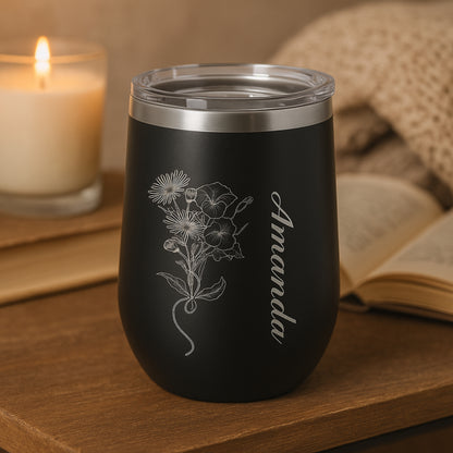 Personalized Wine Tumbler with Birth Flower & Name | Custom Engraved Stainless Steel Insulated Cup | Birthday, Bridesmaid, Wedding Gift