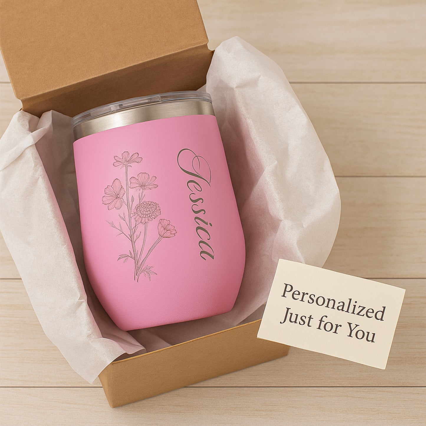 Personalized Wine Tumbler with Birth Flower & Name | Custom Engraved Stainless Steel Insulated Cup | Birthday, Bridesmaid, Wedding Gift