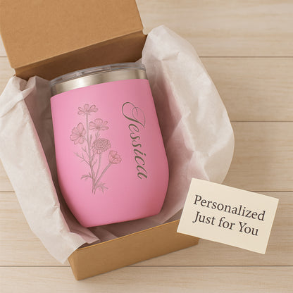 Personalized Wine Tumbler with Birth Flower & Name | Custom Engraved Stainless Steel Insulated Cup | Birthday, Bridesmaid, Wedding Gift
