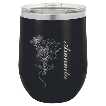 Personalized Wine Tumbler with Birth Flower & Name | Custom Engraved Stainless Steel Insulated Cup | Birthday, Bridesmaid, Wedding Gift