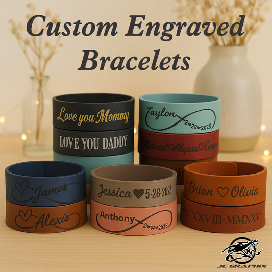 Custom laser Engraved Leatherette Bracelet-Personalized name, Date, or message Cuff Jewelry Gift for Him or Her