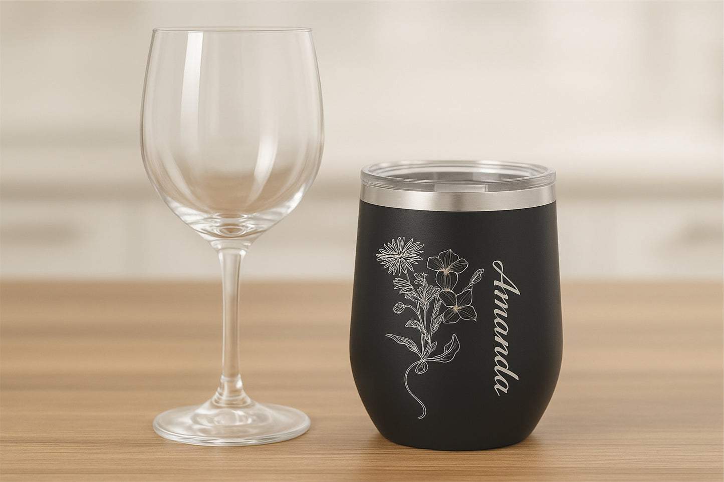 Personalized Wine Tumbler with Birth Flower & Name | Custom Engraved Stainless Steel Insulated Cup | Birthday, Bridesmaid, Wedding Gift